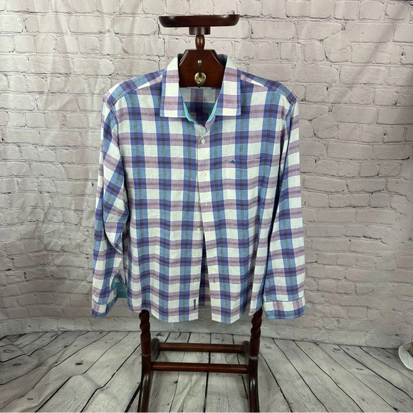 tommy bahama linen blend Plaid Long Sleeve Button up shirt size large - Picture 1 of 6
